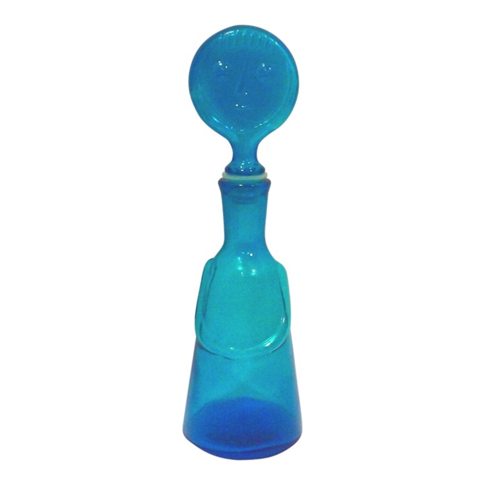Vintage Blue Glass Art Glass Face Decanter Bottle